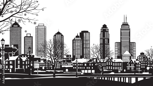 City skyline with tall buildings trees and a bridge in silhouette on transparent background