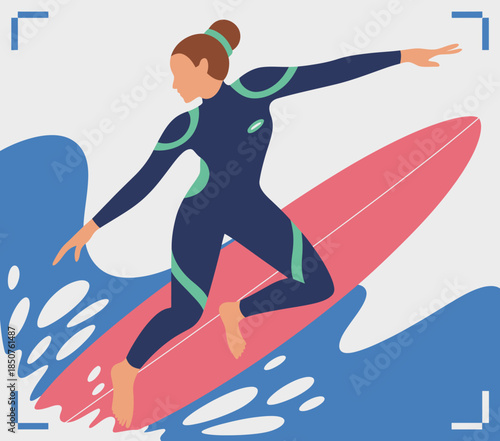 A dynamic image of a woman gracefully surfing on a vibrant pink board, showcasing her skills as she rides the crashing blue waves of the ocean, embodying freedom and adventure.