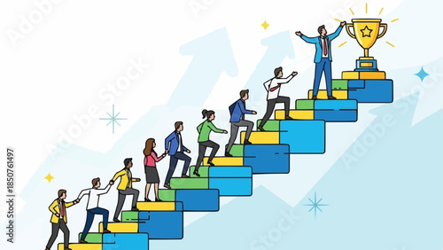 Team climbing stairs towards success and trophy illustration.