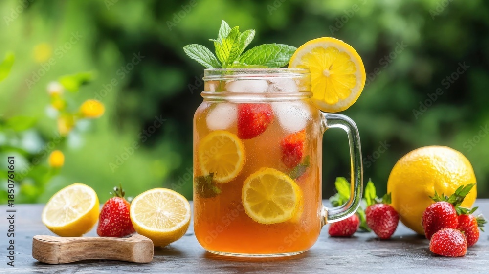 Fototapeta premium Refreshing Lemonade Beverage with Strawberries and Mint in Jar