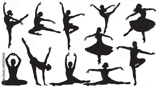 Collection of black ballet dancer silhouettes performing various dance poses