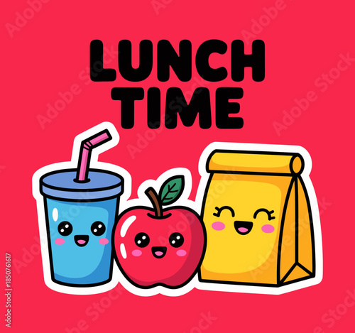 This cheerful illustration highlights a cute lunch setup featuring happy characters of an apple, drink, and lunch bag, embodying joy and playfulness of lunchtime.