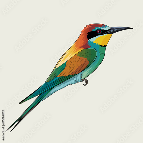 A beautifully illustrated bee-eater bird with vibrant colors perches gracefully, showcasing its stunning plumage and intricate details of nature's artistry.
