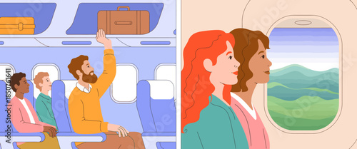 A diverse group of passengers are shown in an airplane, some stowing away luggage while others gaze outside the window, enjoying their travel experience together.