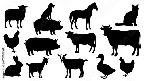 Comprehensive vector collection of diverse farm and domestic animal silhouettes, perfect for design projects and educational materials
