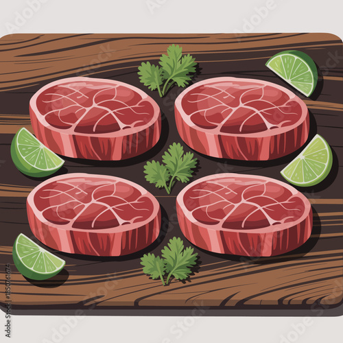 Four succulent steaks displayed on a rustic wooden board, garnished with lime and cilantro, create an enticing visual for meat lovers and culinary enthusiasts.
