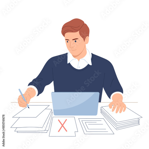 A young man sits at his desk, diligently reviewing documents on his laptop, embodying productivity and determination in a modern workspace environment.