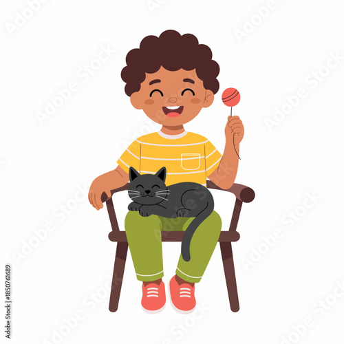 A joyful boy sits on a chair, holding a lollipop with a playful black cat resting on his lap, capturing a warm and loving feeling in a fun cartoon style illustration.
