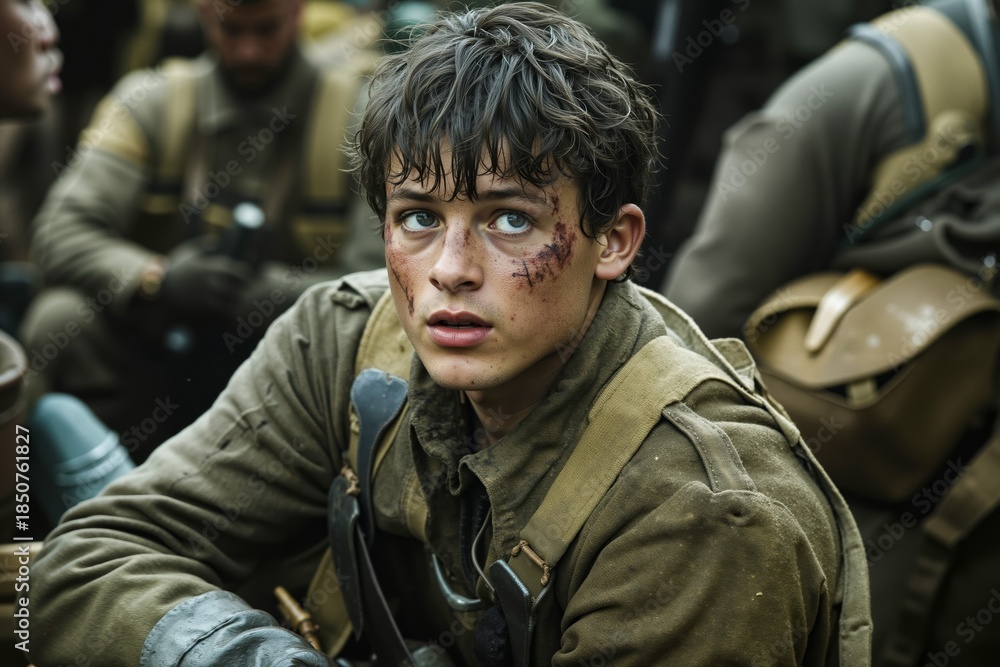Fototapeta premium A young man in a military uniform sitting in front of a group of soldiers