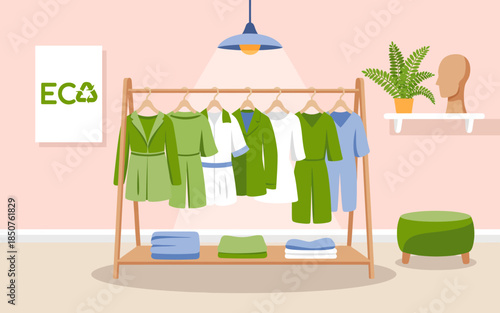 An inviting image showcases a curated collection of eco-friendly clothing, highlighting stylish apparel hanging prominently in a trendy display setting.