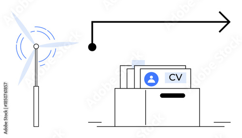 Renewable energy concept. Renewable energy symbol alongside document storage showing CV files highlights efficient energy management and organization. For sustainability, green jobs, data storage