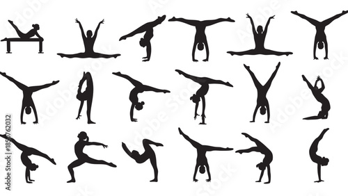 Collection of silhouette images showing various athletic and gymnastic poses on a transparent background