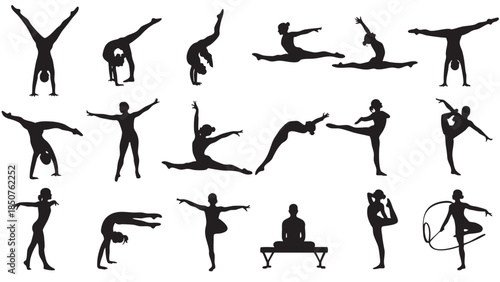 Collection of Silhouettes of People Engaging in Various Yoga and Meditation Poses