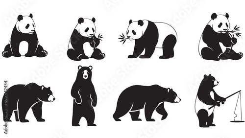 Collection of Various Black and White Panda Illustrations Suitable for Educational and Creative Uses