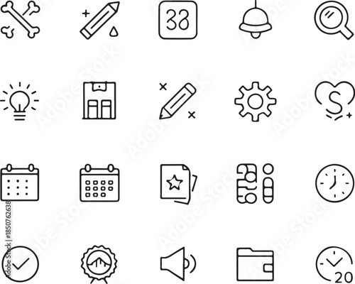 Comprehensive business icon set featuring vector symbols for web design, office mail, internet search, and money signs in a professional pictogram illustration