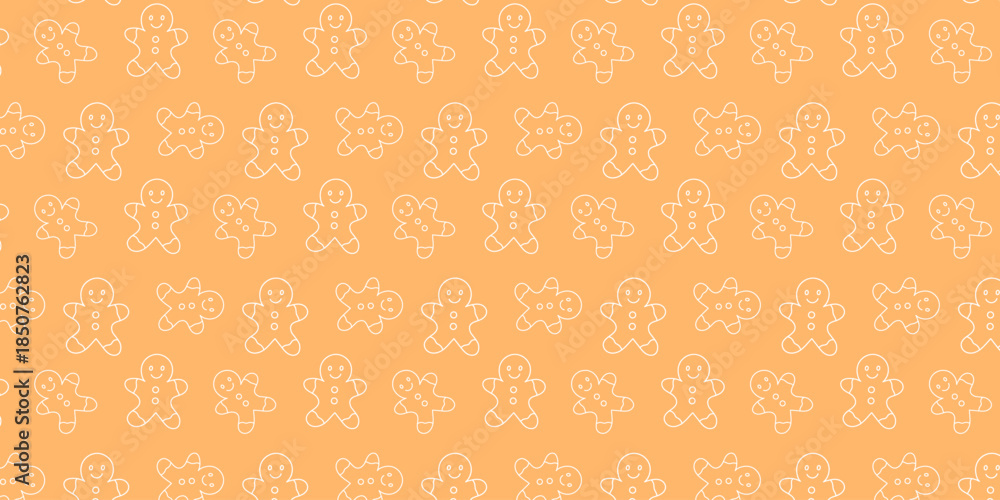 Fototapeta premium Seamless festive pattern featuring charming gingerbread man cookies, some with heart details, on a warm orange background, perfect for holiday season designs and winter celebrations