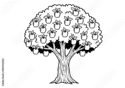 Vector illustration of a fruit tree with apples hanging from branches, bold lines, clean vector art, clipart style vector