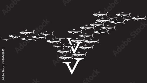 Creative illustration of a large fish made of smaller fish with dynamic movement on black background