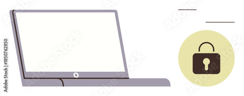 Open laptop with a lock icon symbolizing secure online activity, data privacy, encryption, restricted access. Ideal for cybersecurity, privacy, technology, communication, protection online safety