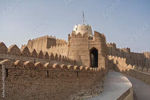 Scenic landscape view of historic Kot Diji fort brick ramparts and gate, Khairpur, Sindh, Pakistan