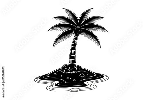 Vector illustration of a coconut tree on an island, beach theme, tattoo-style vector, solid fills, clipart style vector