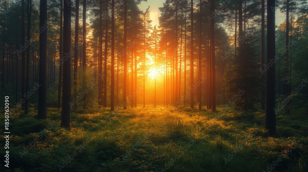 Naklejka premium Green trees in the forest in summer