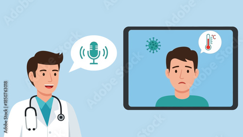 Doctor consulting patient remotely through digital screen displaying virtual conversation