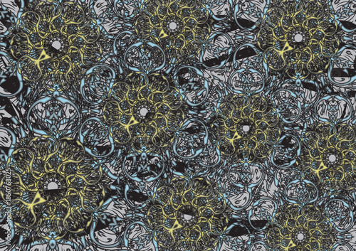 Dark textural backdrop in golden-blue-gray-black tonality for textiles or prints. Curly floral motifs for business concepts, covers, fashion trends, interior solutions, tiles,  dynamic posters