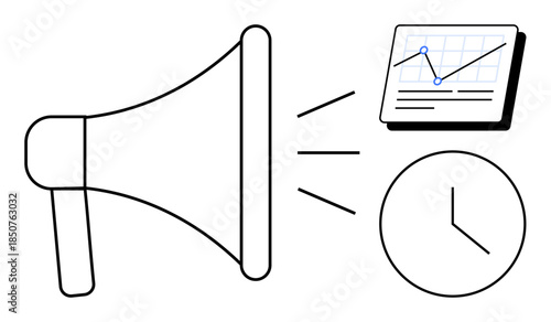 Megaphone emitting sound waves, analytics chart with a data trend, and clock. Ideal for marketing, communication, time management, productivity, strategy scheduling promotion. A simple flat