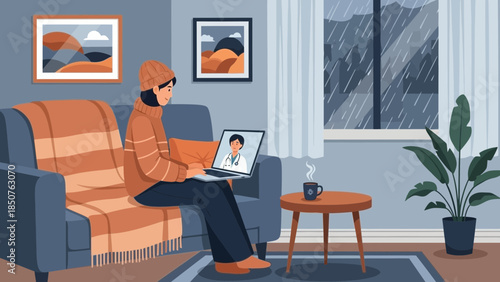 Man working on laptop while sitting on a couch in a cozy living room with a cup of coffee on a nearby table