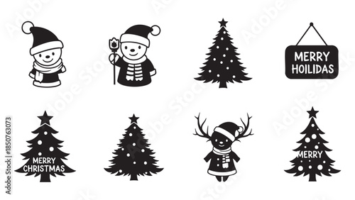 Cute Christmas and holiday themed illustrations with elf reindeer and decorated trees