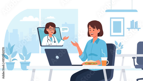Woman interacting with doctor on laptop in modern office setting