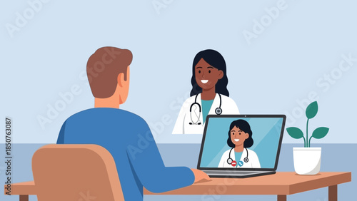 Man having online consultation with female doctor on laptop at home