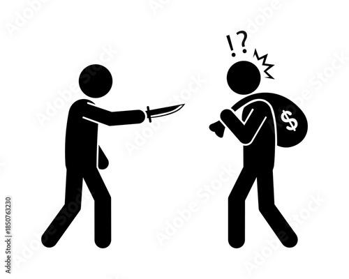 Stickman Robbery Silhouette, Knife Threat Against Man Carrying Money Sack.