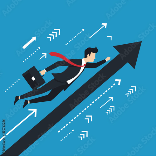 Businessman Flying Upward Arrow Symbolizing Growth, Success, Ambition, and Career Acceleration. For Finance, Startup, Leadership, and Corporate Strategy Concepts