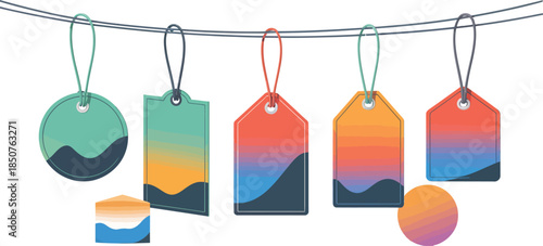 Collection of price tags design element with colorful gradient waves hanging on rope with small bonus shapes vector illustration