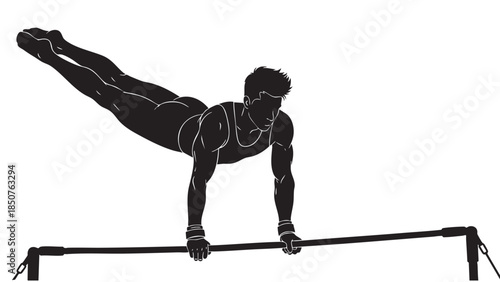 Dynamic male gymnast performing a handstand on parallel bars with a transparent background