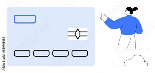 Digital transactions, financial management, identity verification, technology, online banking, secure payments. Minimalist credit card and woman pointing. Digital transactions and financial