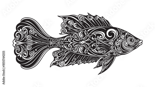 Intricate decorative fish illustration in black and white
