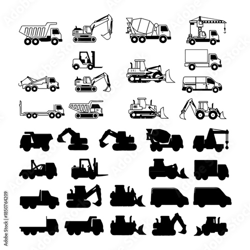Set of construction machinery. Heavy equipment for building. Dumper, excavator, bulldozer, crane, forklift, concrete mixer truck.