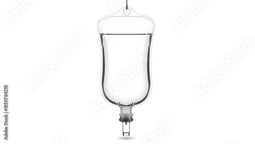 A medical IV bag suspended from above showcasing transparent liquid content