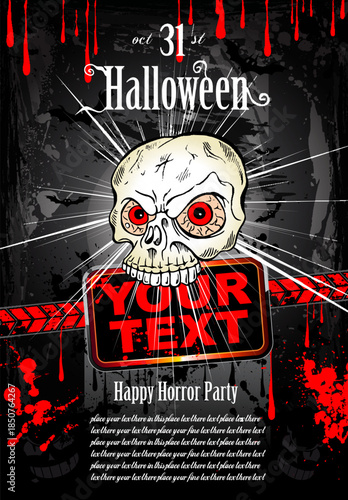Skull Halloween Party Invitation with Red Eyes on Black Background