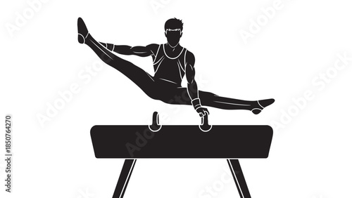 Male gymnast performing a split leap on the pommel horse during gymnastics competition