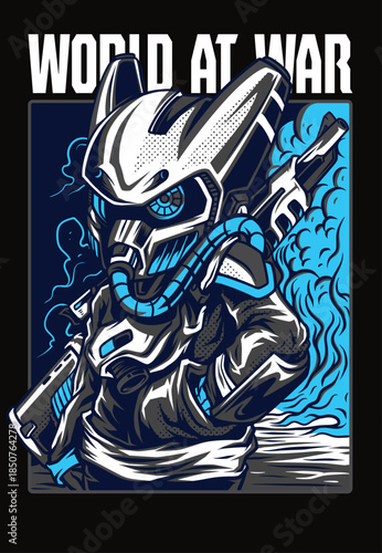 Robot Warrior Holding Gun in Smoke