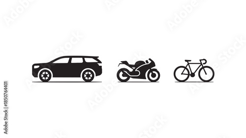 SUV, motorcycle, and bicycle silhouettes in minimalist style with dark monochrome color on white background for transportation icons