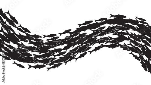 School of Fish Silhouette Illustration Flowing Over White Background