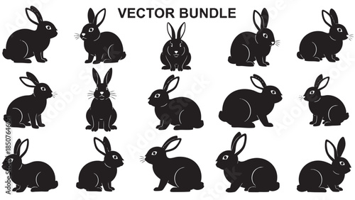 Set of black rabbit silhouettes in various poses for design and decoration