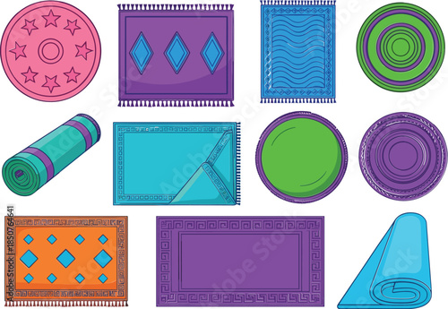 Set of colorful vector rugs and floor mats featuring geometric patterns fringes rolled textiles and star circles for interior home decor.
