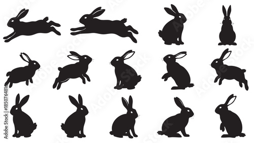 Set of black rabbit silhouettes in various poses isolated on transparent background