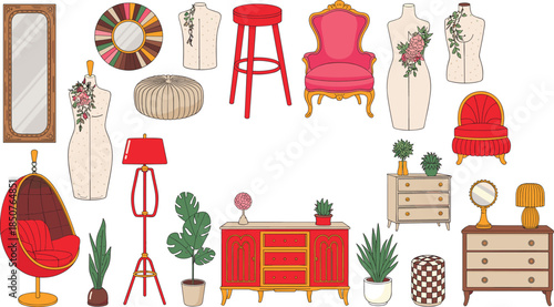 Set of elegant vintage furniture icons including pink velvet armchair mannequins with flowers red swing chair and gold home decor accessories.